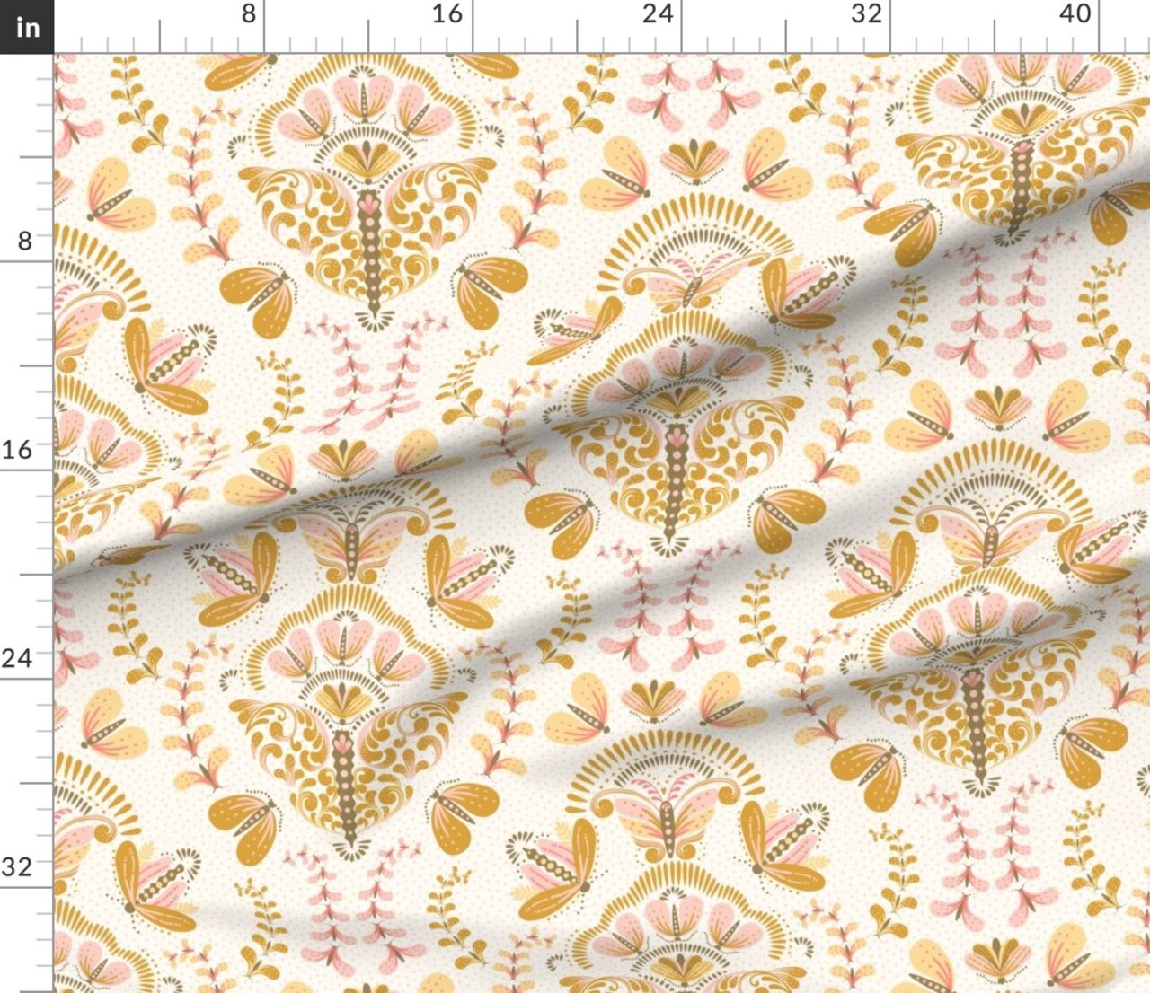 Gold Butterfly Light Pink Whimsical Damask Feminine Floral Garden Custom Printed Fabric by Spoonflower Various Fabrics by the Yard or Fat Quarter